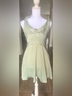 Lulus Sage Satin Tie Back Cowl Neck Mini Dress Small S